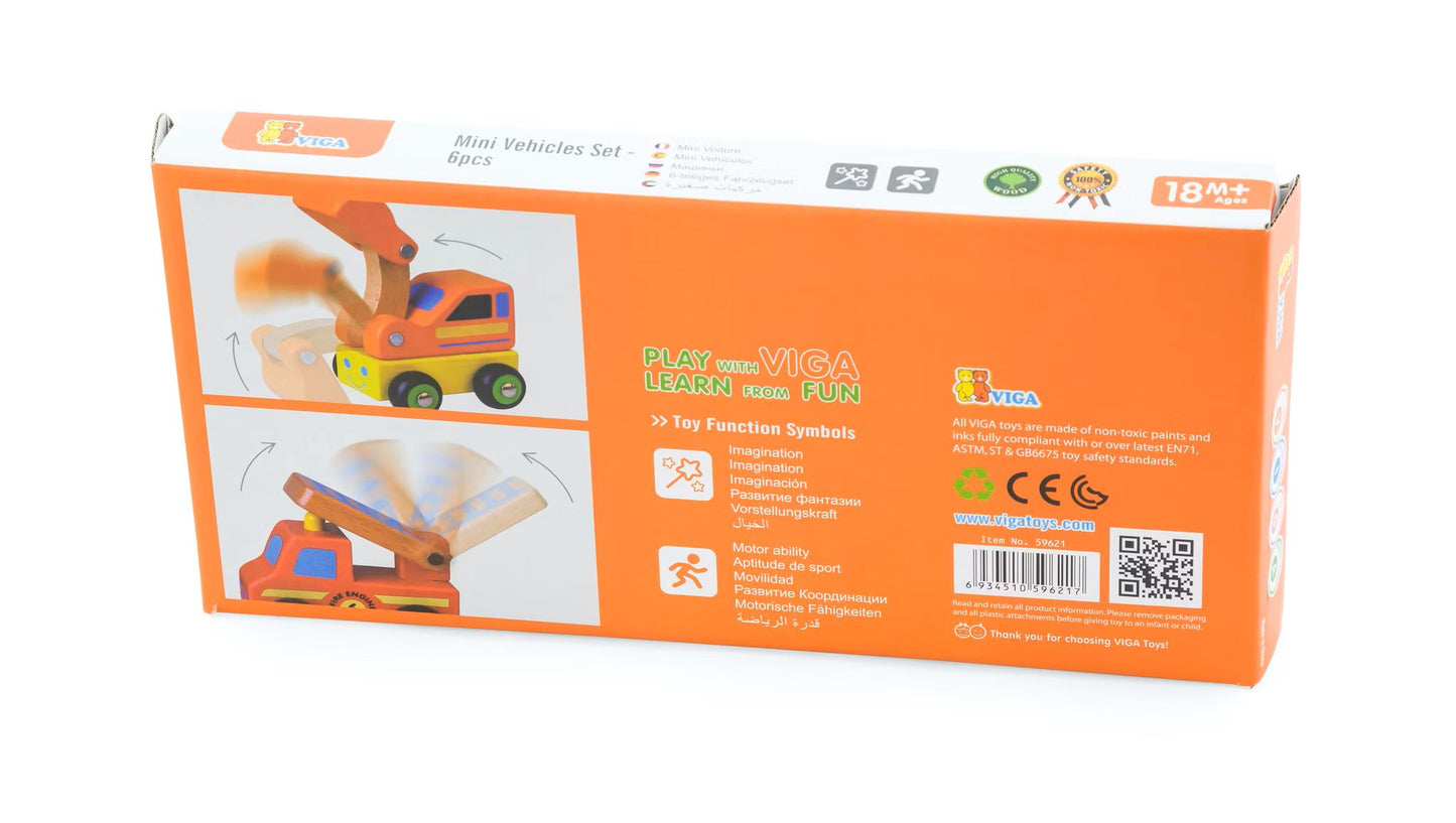 Rückseite der Verpackung des Holzfahrzeug-Sets zeigt Funktionen und Lernvorteile für Kinder ab 18 Monaten