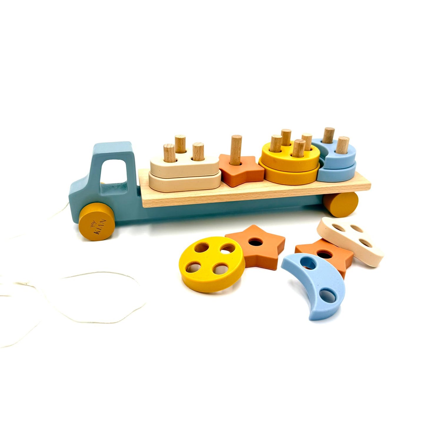 Holz-LKW Sticklastwagen für Babys – sicheres Holzspielzeug, motorische Fähigkeiten und Greifen fördern, bunt und robust