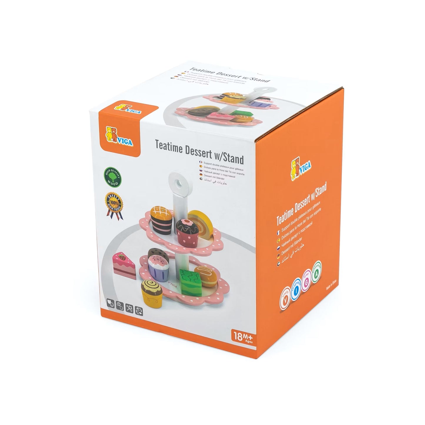Verpackung des Etagere-Holzsets mit Kuchen – zeigt alle enthaltenen Teile und eignet sich ideal zum Verschenken