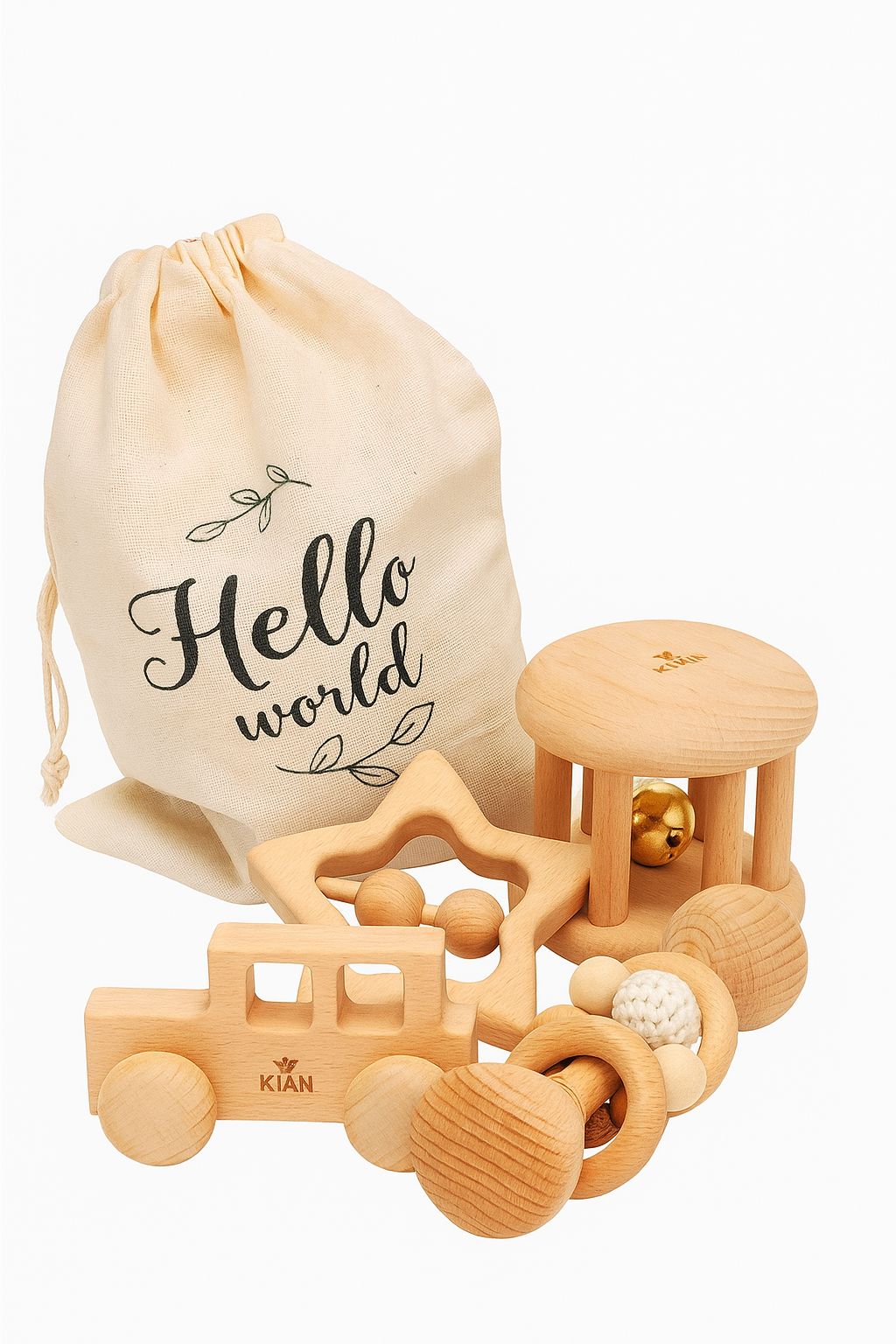 Holzspielzeug-Set für Babys mit Rassel, Auto, Sternrassel und Glockenrolle