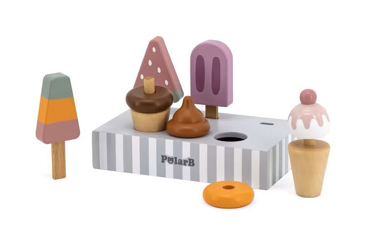 Spielset aus Holz mit entnehmbaren Eiswaffeln und Eis am Stiel, fördert Rollenspiel und Feinmotorik