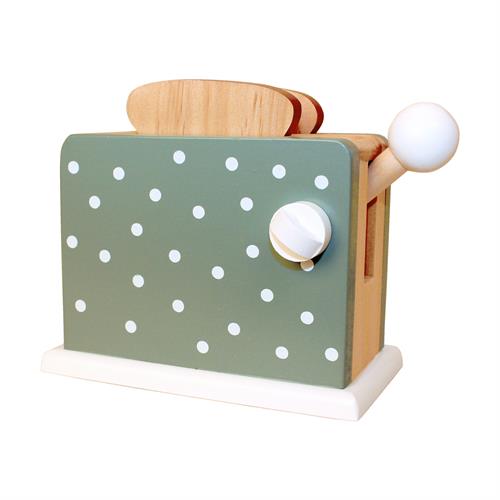 Detailansicht grauer Holztoaster mit Punkten, Drehknopf und Brotscheiben – pädagogisches Rollenspielzeug für Kinder
