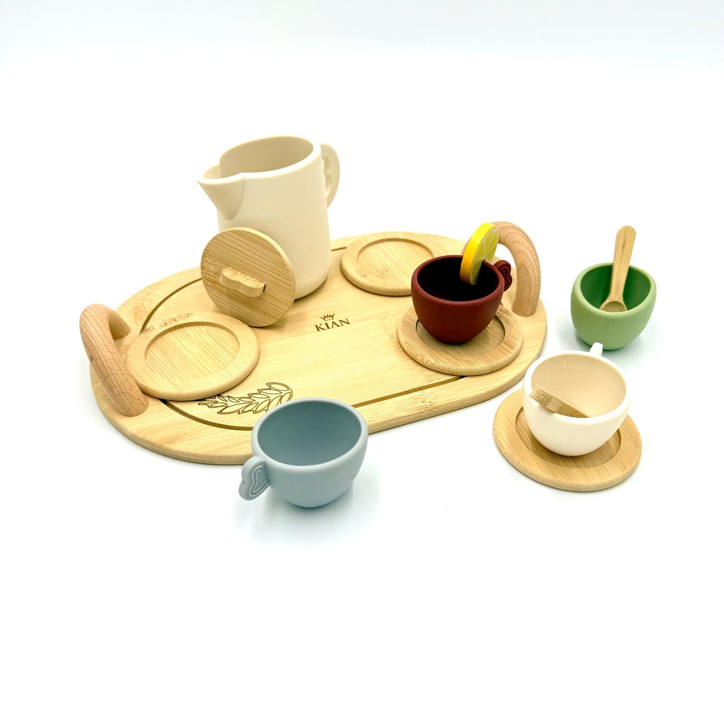 Lernspielzeug Tee-Set aus Holz und Silikon, fantasievolles Rollenspiel mit Blech, Gläsern, Tellern und Zubehör