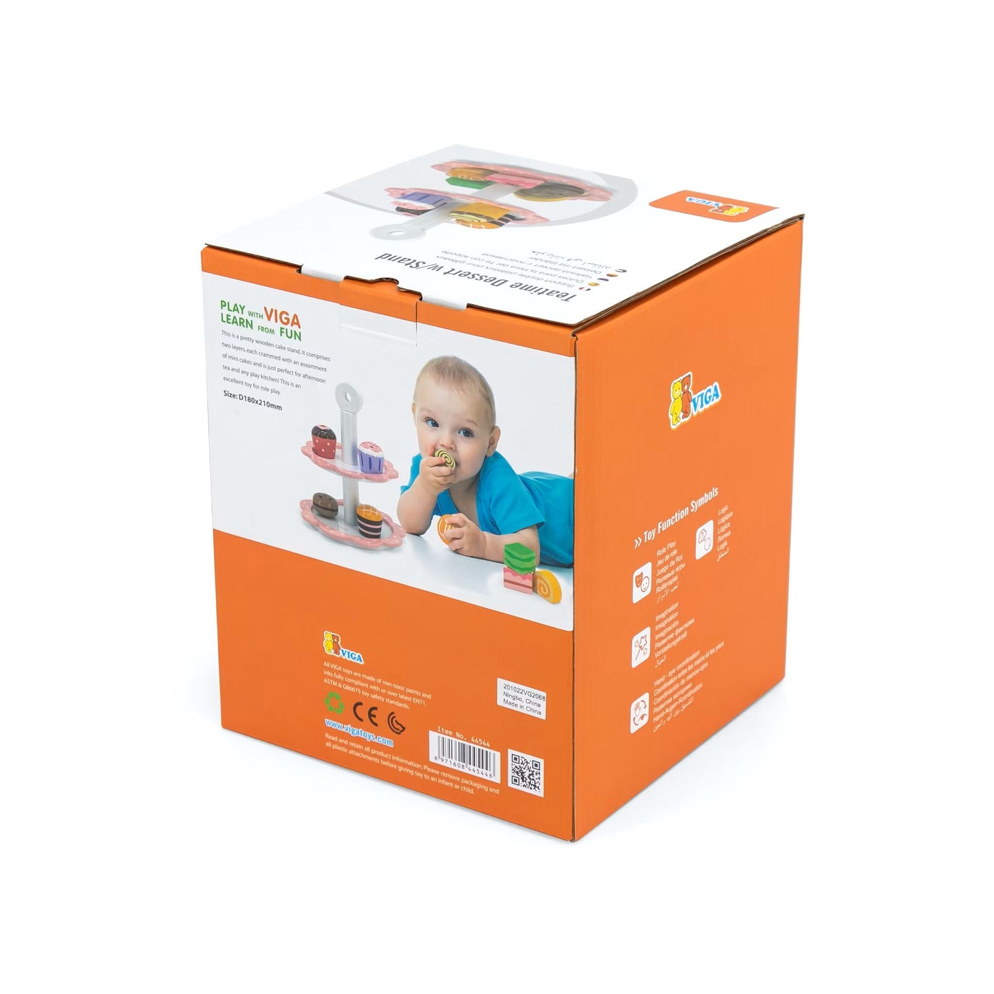 Rückseite der Verpackung des Etagere-Holzsets mit Kind beim Spielen – perfekte Geschenkidee ab 18 Monaten
