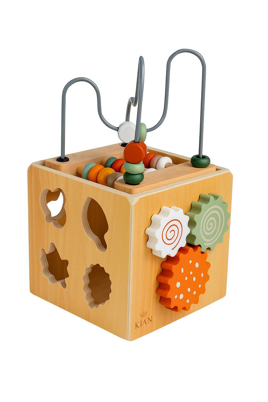 Holzspielzeug Aktivitätswürfel für Kinder – Motorikwürfel mit Formen, Zahnrädern und Kugelbahn, fördert Feinmotorik, Lernen