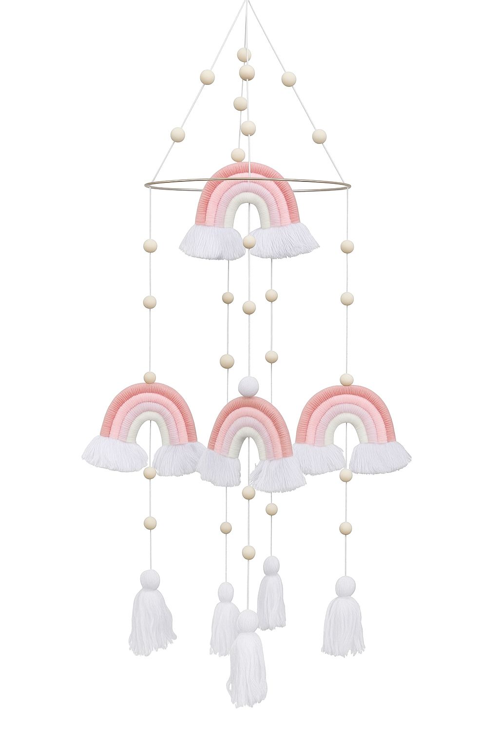 Rosa Makramee-Mobile mit Regenbögen und Quasten, ideal fürs Babyzimmer