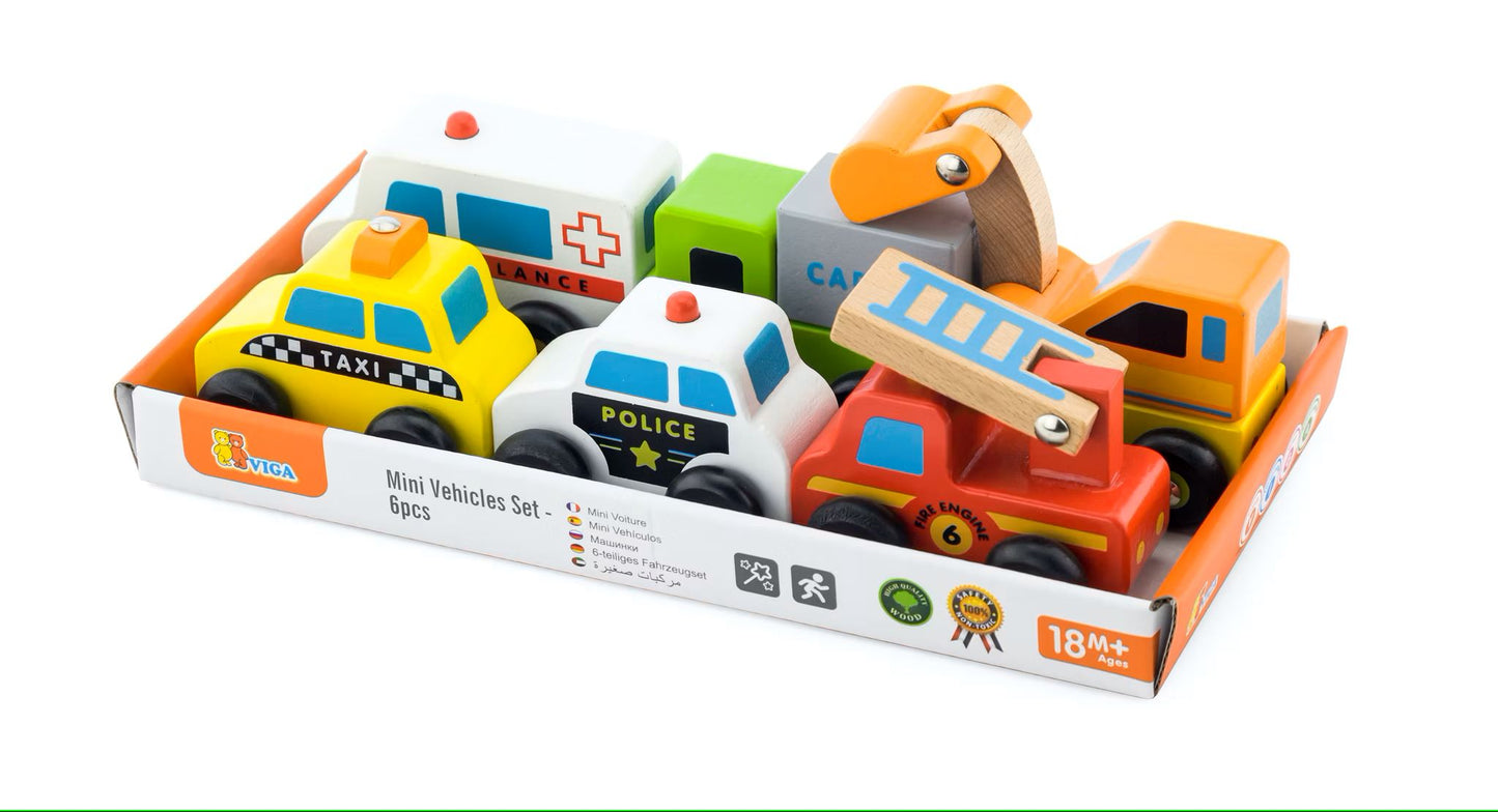 Holzfahrzeuge-Set mit 6 bunten Autos (Polizei, Taxi, Feuerwehr etc.) in Geschenkverpackung ab 18 Monate