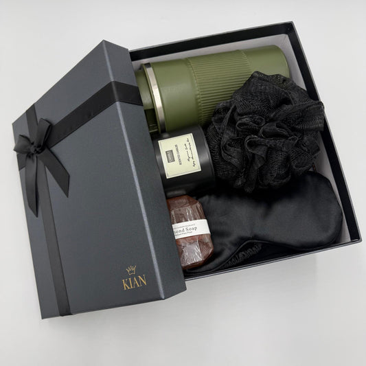 Thermobecher und Handseife in Geschenkbox für Männer, harmonisch kombiniert