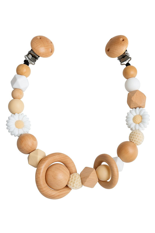 Handgemachte Holz-Schnullerkette mit Silikonperlen und Häkelperlen in Naturfarben – nachhaltiges Baby-Accessoire für Neugeborene und Kleinkinder, ideal als Geschenk.