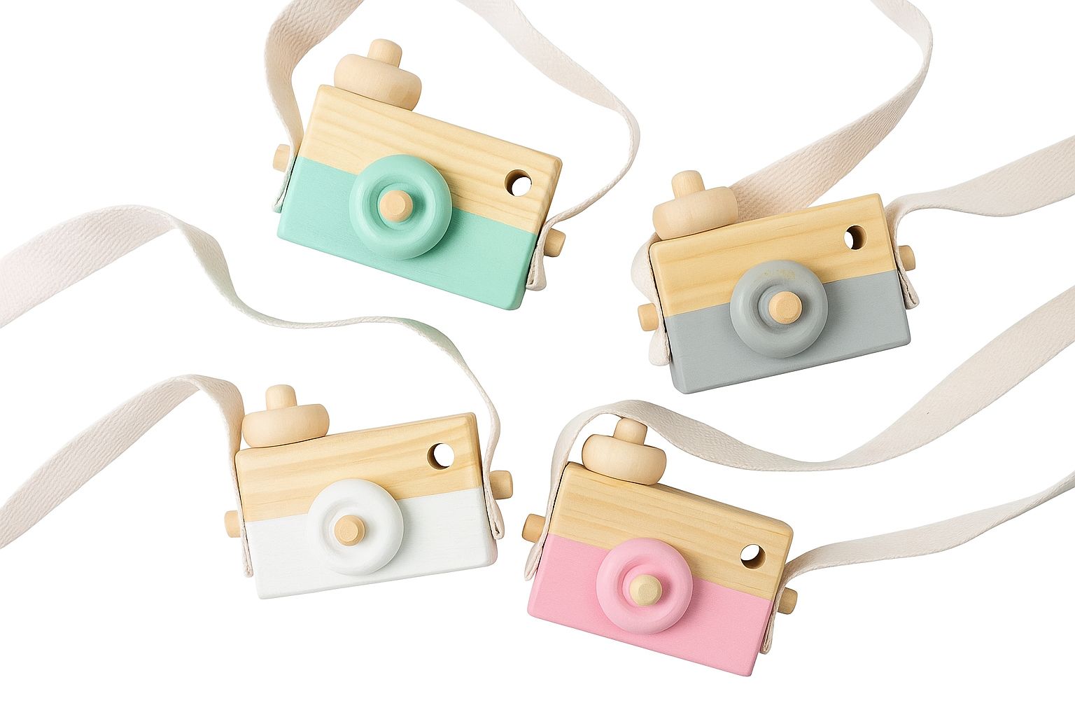 Süße Holzspielzeugkamera in Rosa mit Band und Stoffbeutel – ideale Geschenkidee für kleine Entdecker