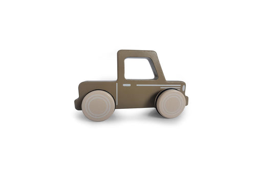 Schlichtes Holzspielzeug-Auto in Dunkelgrau mit weißen Details und Rollen – robust und kindgerecht