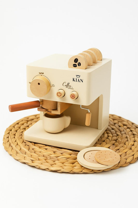 Kaffeemaschine aus Holz Spielzeug für Kinder, nachhaltiges Barista Set zum Rollenspiel im Kinderzimmer
