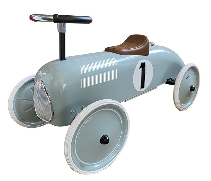 Retro-Kinderauto mit Pedalen aus robustem Metall in Grau, detailgetreu gestaltet mit Nummer und Sportsitz