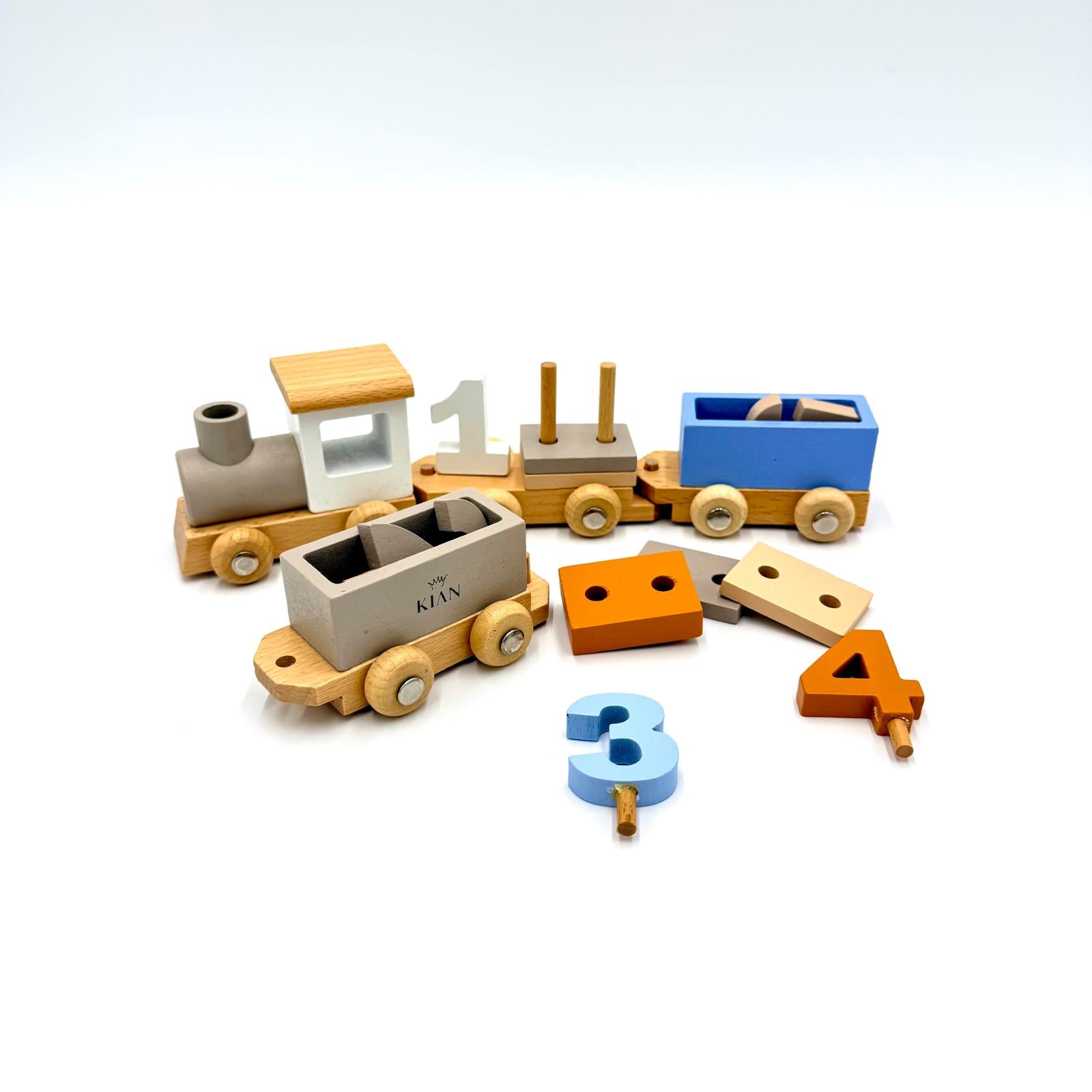 Lernspielzeug Holz-Lokomotive mit Steckbausteinen und Zahlen – kinderfreundlich, fördert Zählen, Stapeln und Feinmotorik