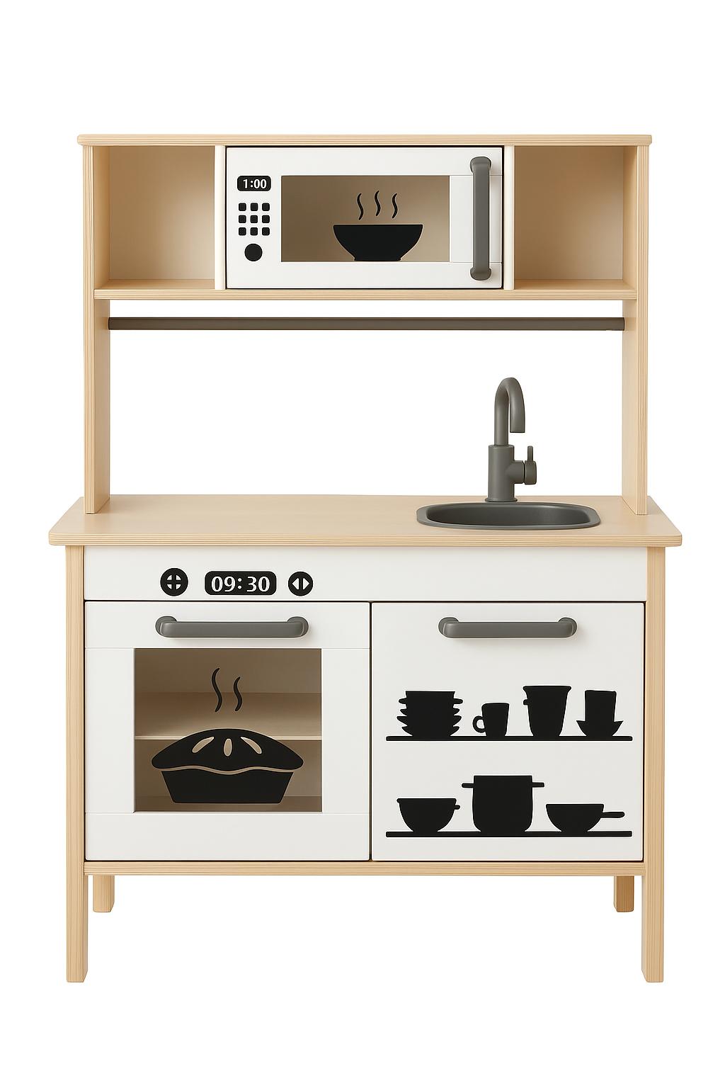 Spielküche IKEA Duktig mit modernem Aufkleber Set in Schwarz Weiß Design für kreatives Kinder Rollenspiel