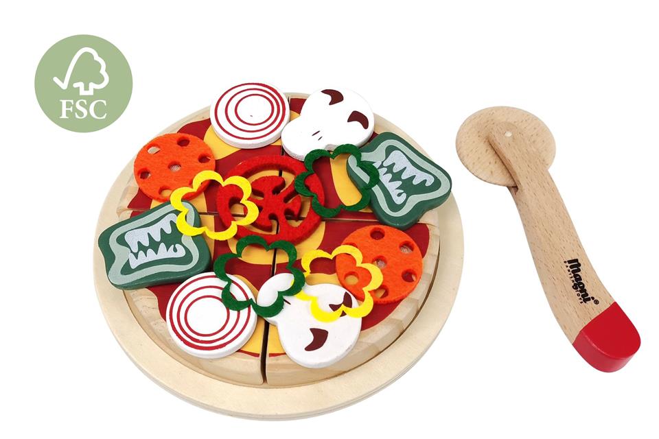 Nachhaltige Holzspielzeug-Pizza mit Gemüseaufsätzen und Löffel, FSC-zertifiziert, für Kinder ab 3 Jahren
